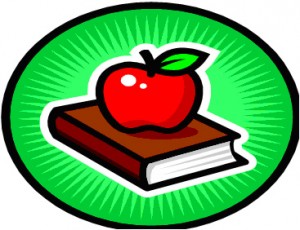 The book and the apple; symbols of knowledge.